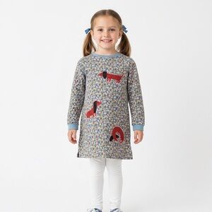 Mini Boden Blue Floral Dress with Red Dog Appliqué